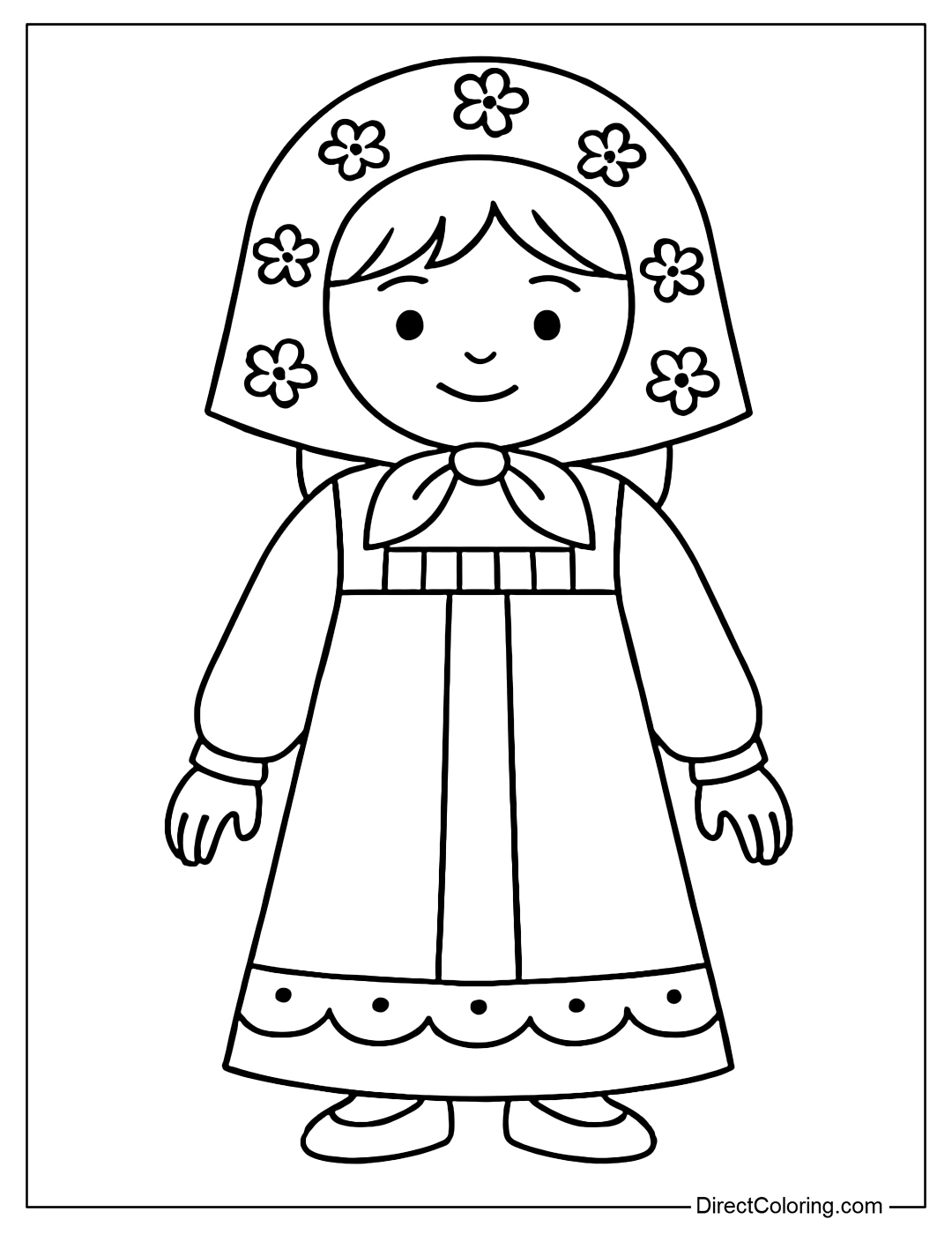 Coloring page of a little girl wearing a traditional sarafan dress, a floral headdress.